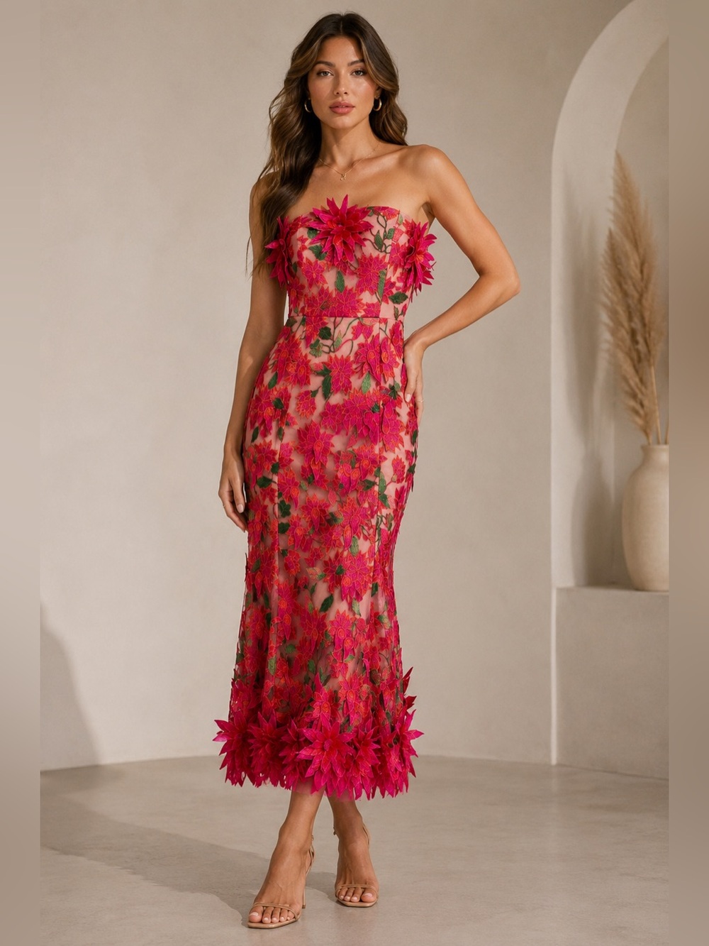 Strapless Pink Floral Embroidered Evening Dress